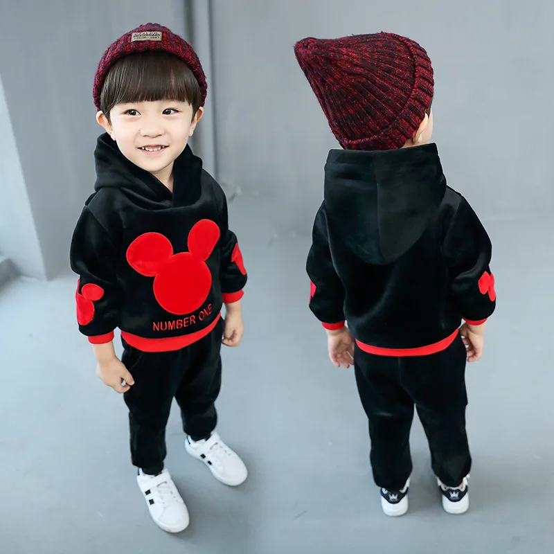 Новый Зимний плотный вельветовый костюм с Микки-Маусом для маленьких мальчиков и