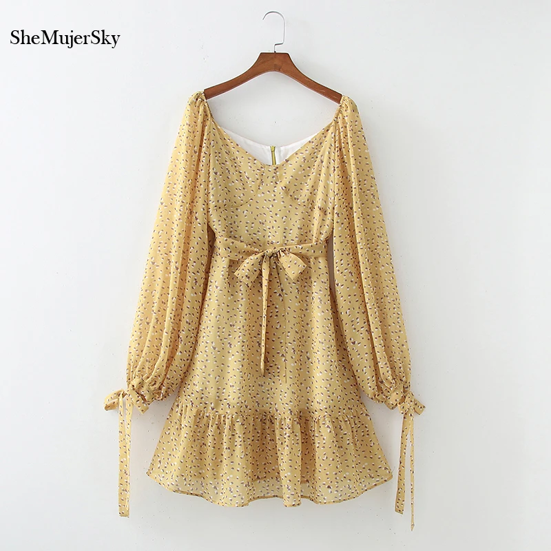

SheMujerSky Women V-neck Yellow Dress Autumn Long Lantern Sleeve Ruffles Mini Dresses 2021 Print Dress With Lining