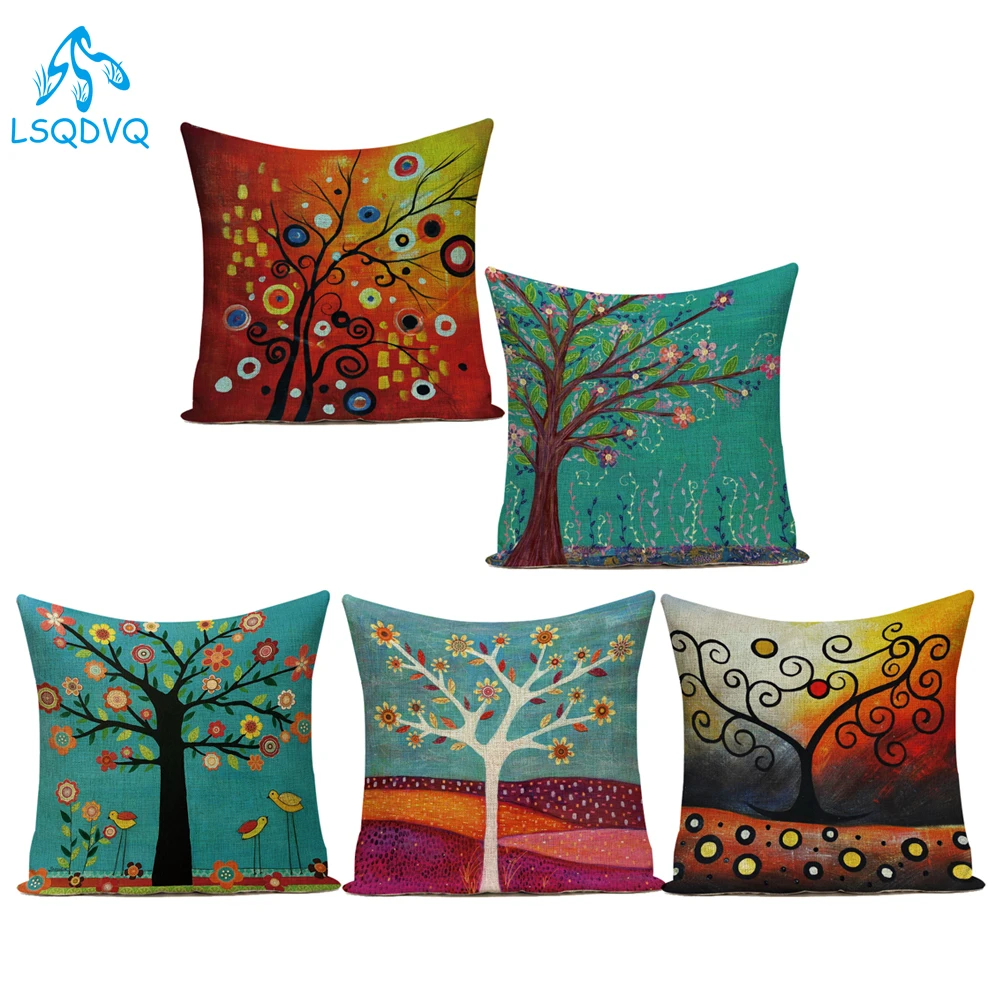 

Pillows Oil Painting Green Tree Flower Polyester Pillow Cover Decorative Sofa Pillow Cushion Cover For Living Room Decoration