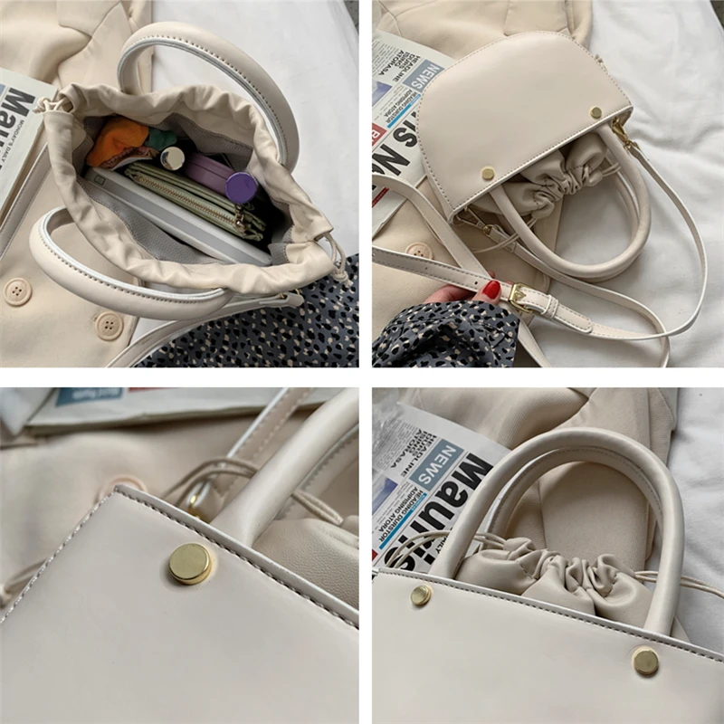 

Inn Popular Drawstring Basket Top Handle Bags For Women Studded Design Semicircle Tote High Quality Shoulder Crossbody Bags 2021