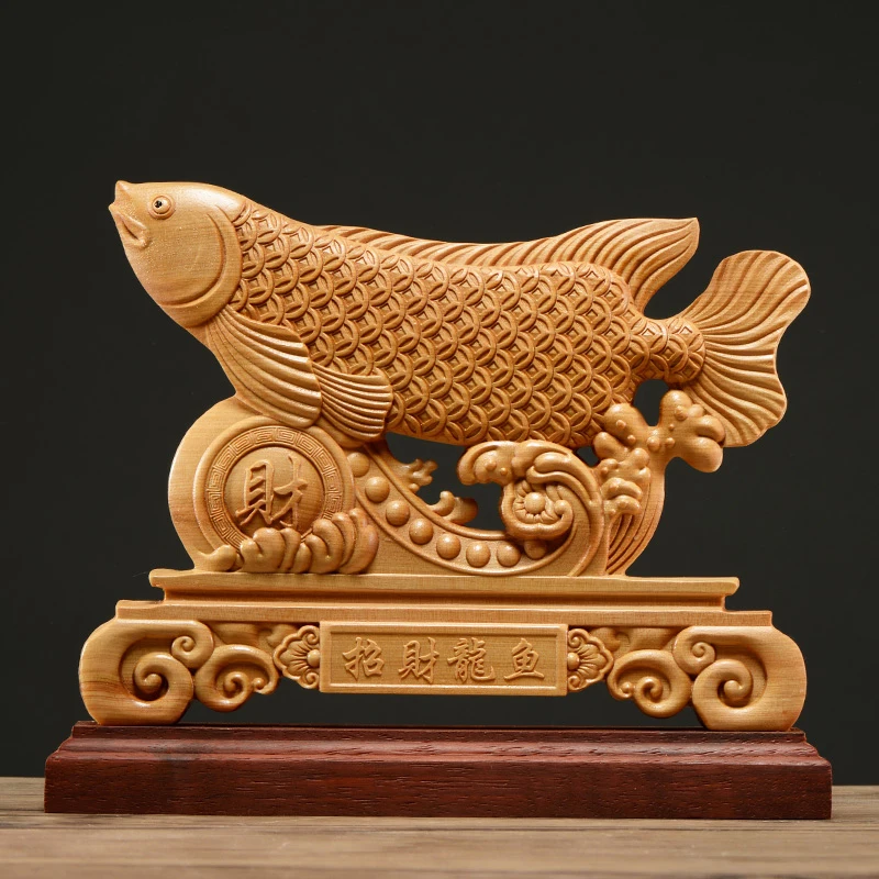 

Thuja Wood 25CM Rich Fish Sculpture Decorative Dish Double Sided Hollow Wood Carving Gift Lucky Animal Collection Home Decor