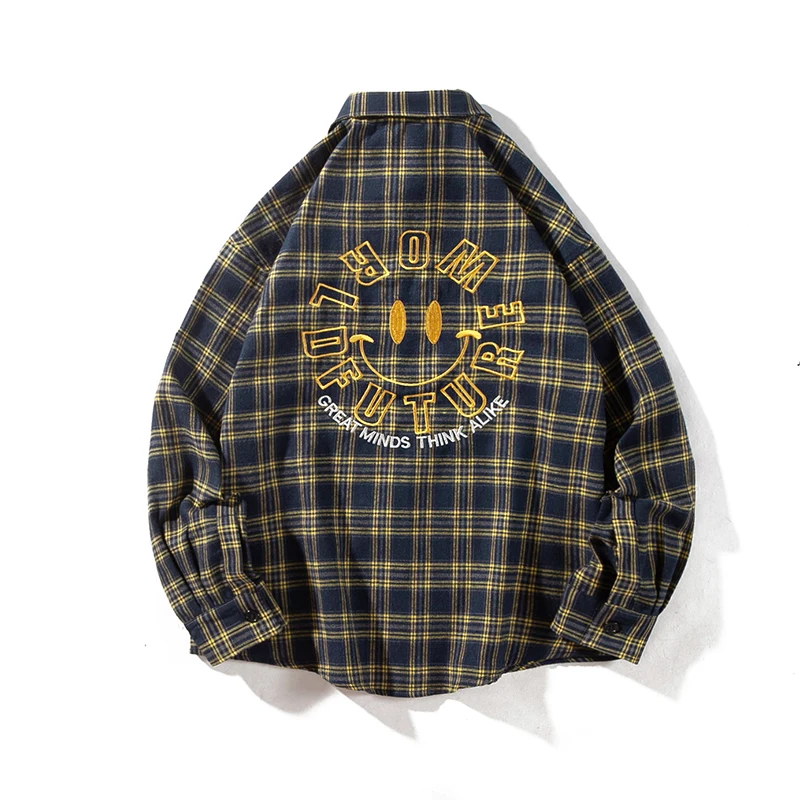 

Letters Smiley Embroidery Casual Shirts For Men Flannel Keep Warm Long Sleeve Shirt new Style Man Clothing