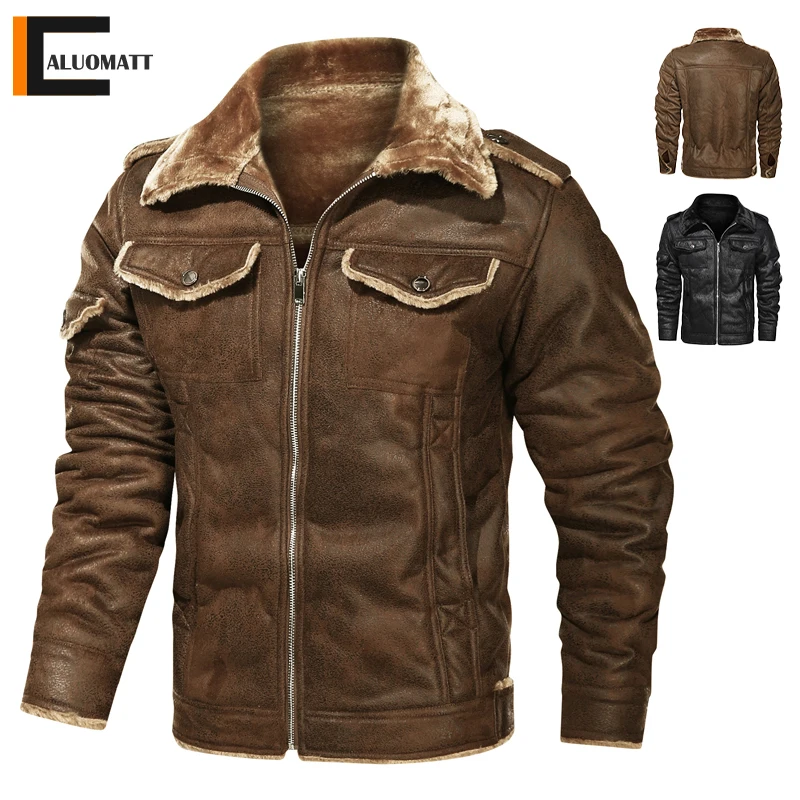 

Suede Men's Leather Jackets Winter Vintage Motorcycle Biker Jacket Men Fur Lined Warm Slim Pilot Coat Thick Fleece Male Overcoat