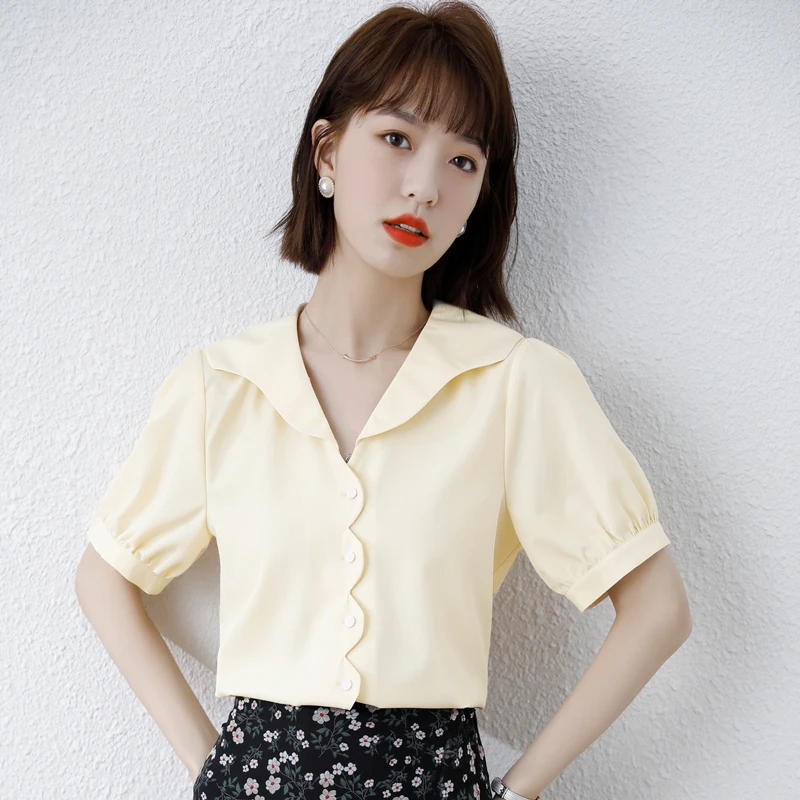 

COIGARSAM Short Sleeve Shirt Womens tops New Summer Sailor Collar Women shirts 8025