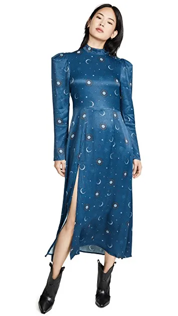 

OUMEA New Spring Ladies Star Moon Print High Slit Long Sleeve Women Maxi Elegant Party Dress Club Dress