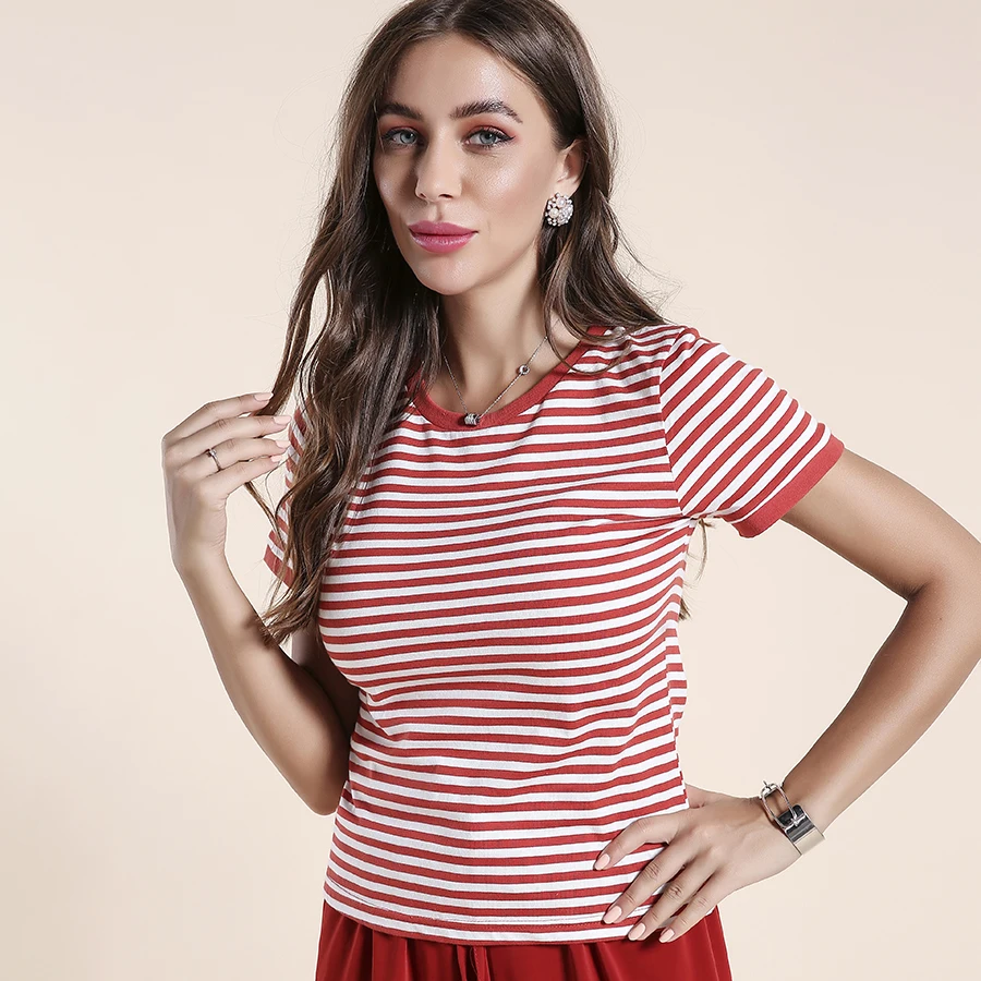 Женские топы и рубашки в красную полоску хлопковые пуловеры с коротким рукавом