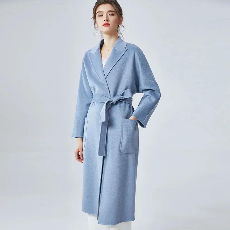 

Women's Double Cashmere Coat Turn Down Collar Long Sleeves Overcoat Winter Outerwear Front Pockets with Belt