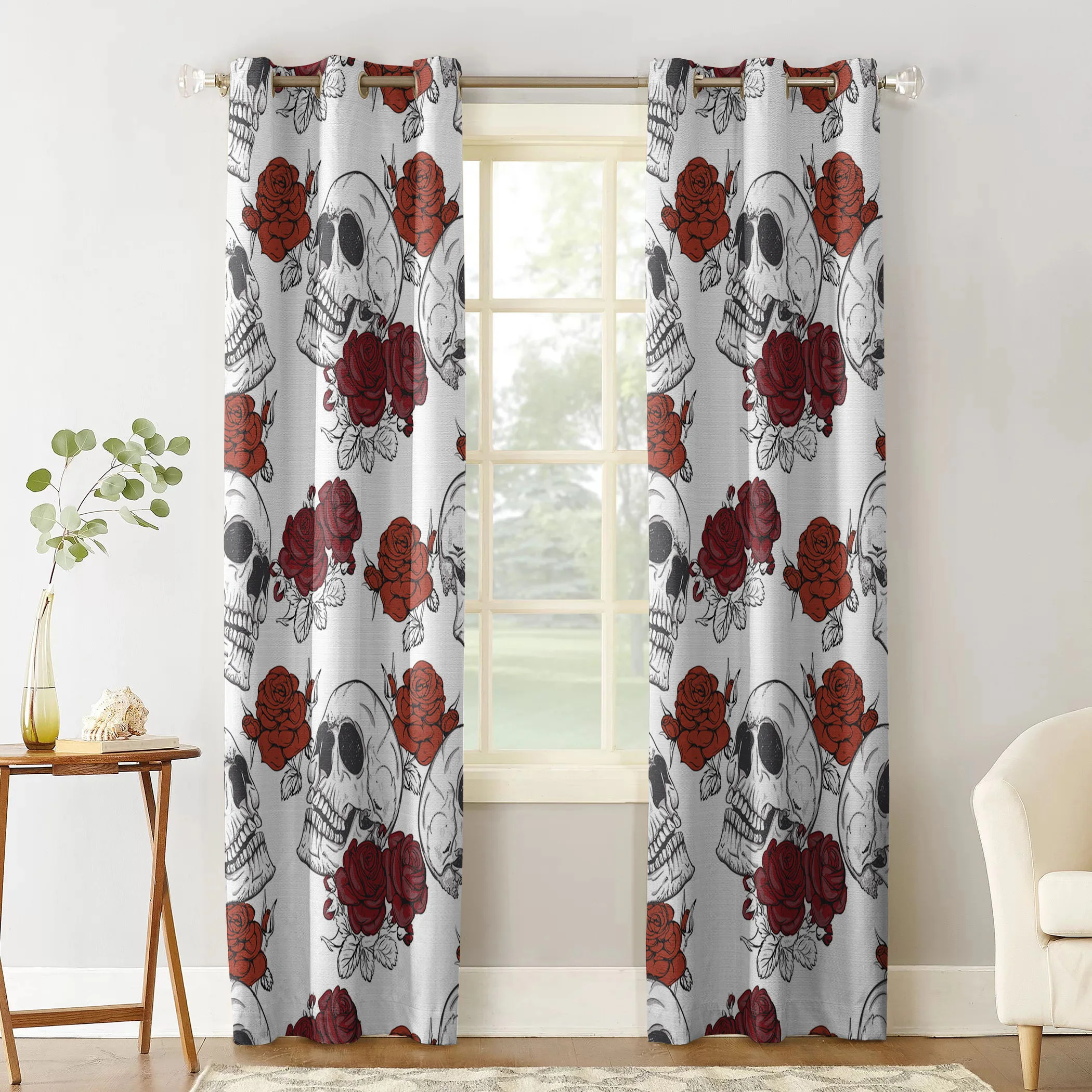 Занавеска на окна разных размеров с рисунком черепа розово-красного цвета