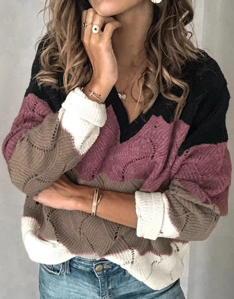 Женский свитер с V-образным вырезом длинным рукавом свободный в стиле пэчворк