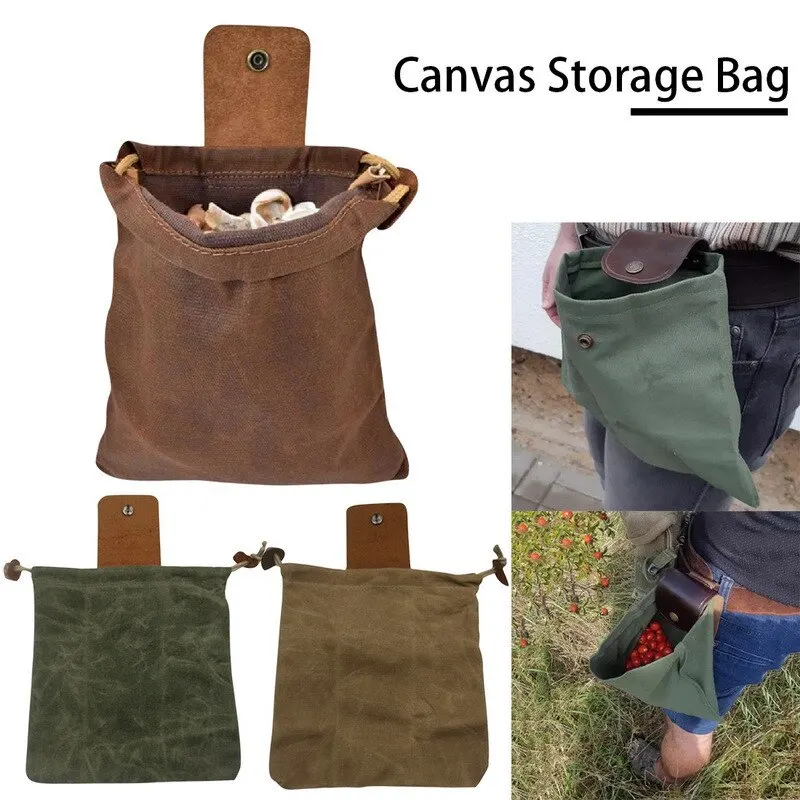 

Canvas Bushcraft Bag with Leather Hiking Camping Storage Bags Outdoor Jungle Fruit Picking Pouch Foldable Heavy Duty Tools Sack