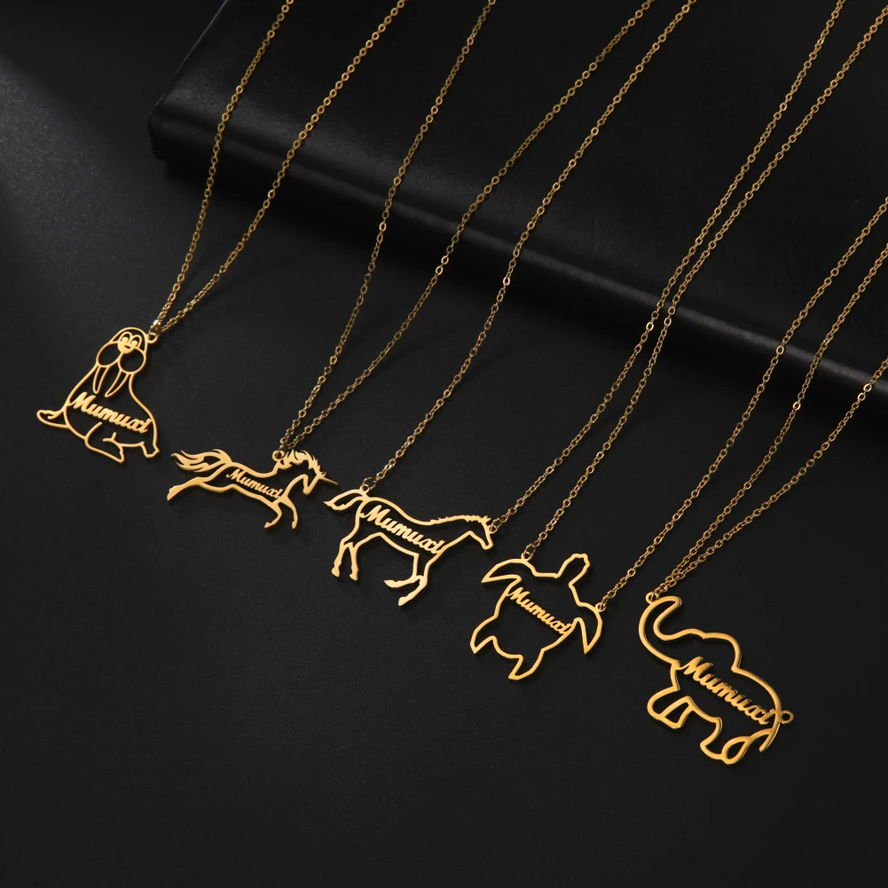 

Cazador New Animal Customized Name Choker Necklace Unicorn Elephants Stainless Steel Personalized Nameplate for Women Gifts 2022
