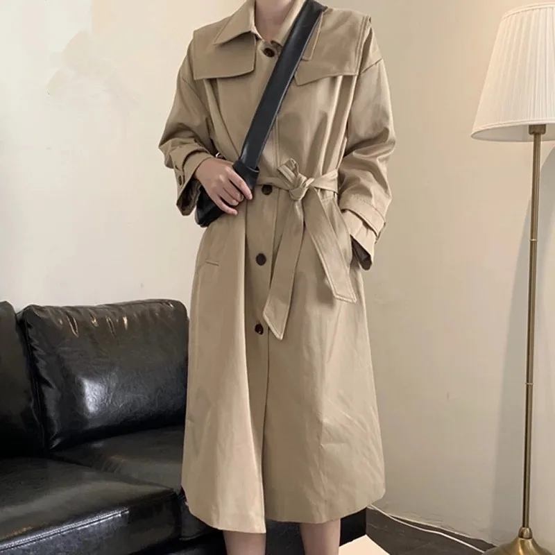 

Casual Trench Coat 2021 Long Windbreaker Women Korean Single Breasted Coat With Belt Solid Long Sleeve Pockets Outerwear