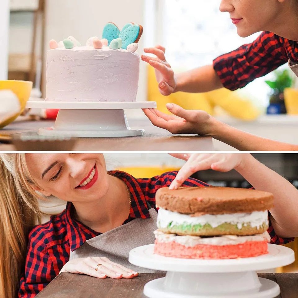 

6Pcs 11 Inch Rotating Cake Turntable with 2 Icing Spatula Icing Smoother Revolving Cake Stand White Baking Cake Decorating