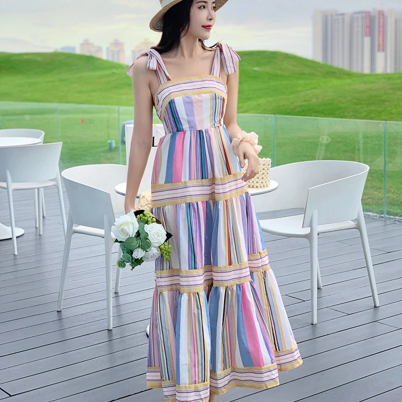 

French design sense fashion waist stripe stitching printed suspender dress summer new bohemian long skirt