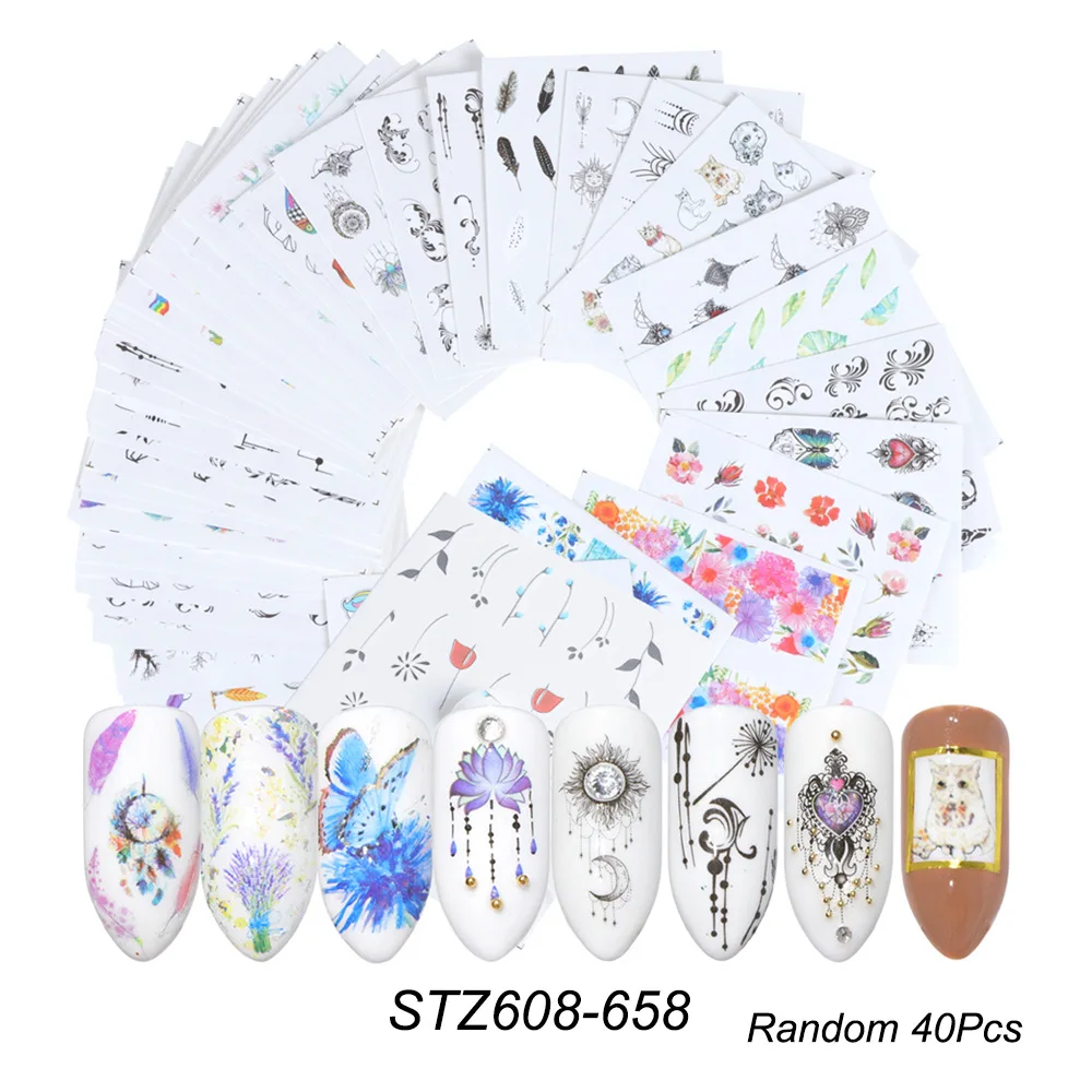 

18/30/40 Sheets/sets Mixed Nail Art Sticker Black Lace Gold Silver Glitter Flower Water Decal Slider Wraps Decor Manicure