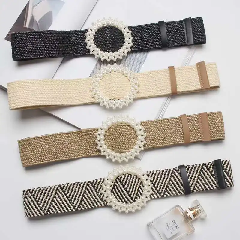 

2020 Summer High Elastic Imitate Woven Straw Waist Belts Square Pearl Buckle Woven-straw Waistband Bohemian Beach Dress Belts