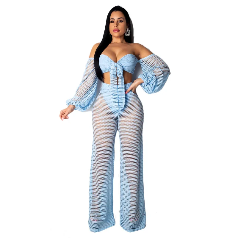 

4-Color Ins Online Popular Women's Sexy Horizontal Neck Wide Leg Pants Two-Piece Suit Large Favorably