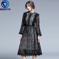 fashion elegant lace o neck midi dress for women autumn boho casual black dress vintage high waist club party dresses vestidos