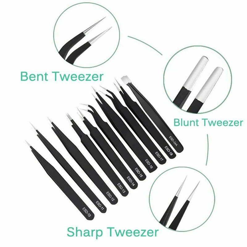 10 X Esd Precision Anti-Static Tweezers Set Maintenance Stainless Steel Tools Kit | Инструменты