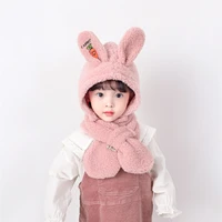 kids winter warm 2 in 1 faux fleece hooded scarf hat set cute rabbit ears thermal earflap cap neck warmer scarf zz 449 1