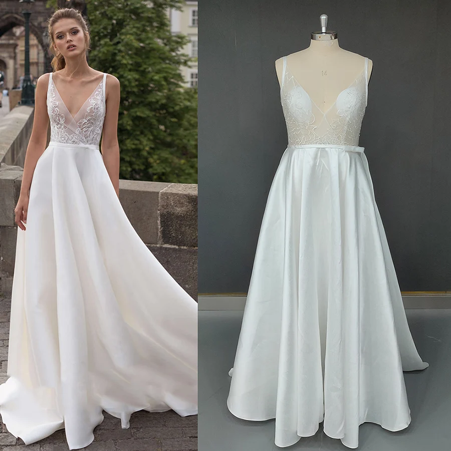 

Sexy Deep V Neck Satin Wedding Dress Floral Lace Simple Illusion Bodice Open Back Bridesmaid Bridal Gown Sweep Train Plus Size