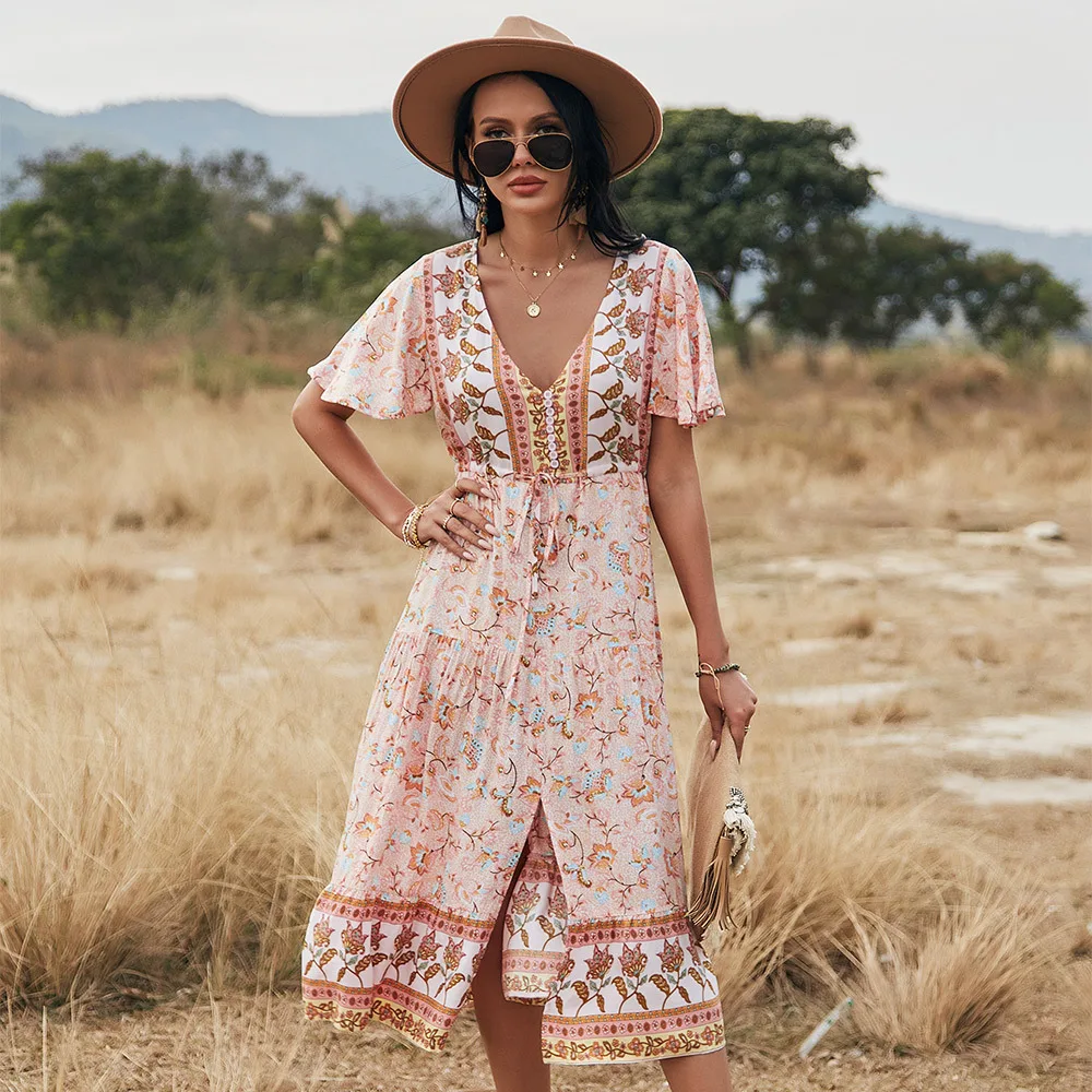 

Женское платье на пуговицах, повседневное пляжное платье миди с V-образным вырезом, цветочным принтом, рукавом-бабочкой и оборками, празднич...