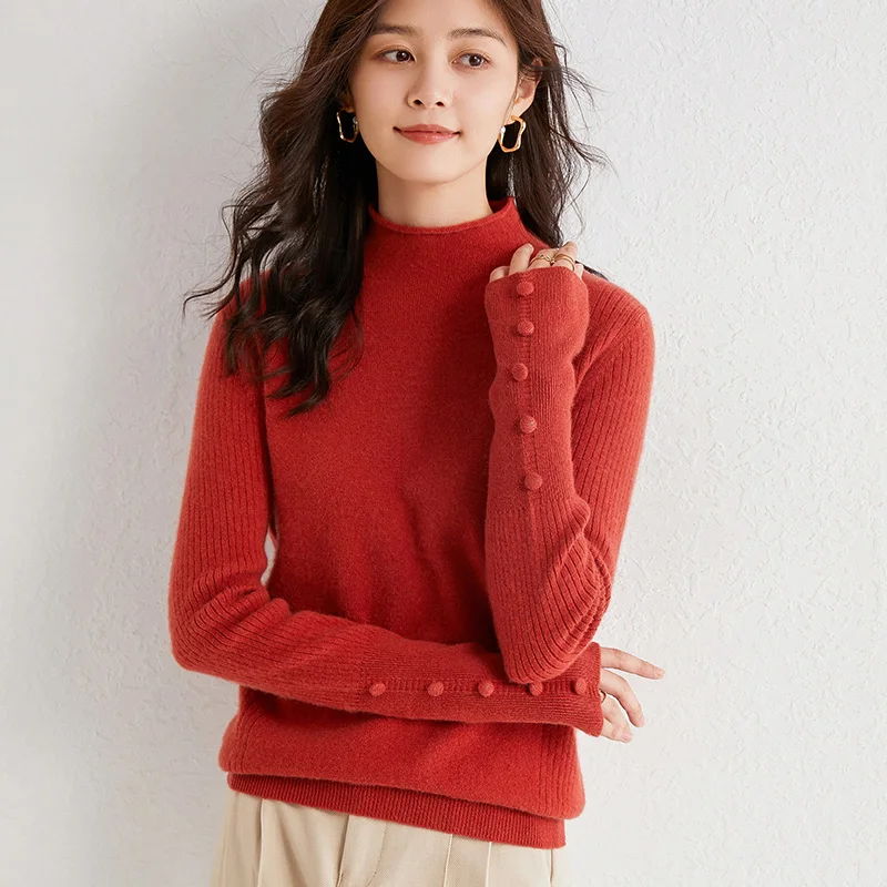 

Свитер женский шерстяной, с воротником-хомутом, в рубчик, с длинным рукавом, пуговицами, зима 100%, #032