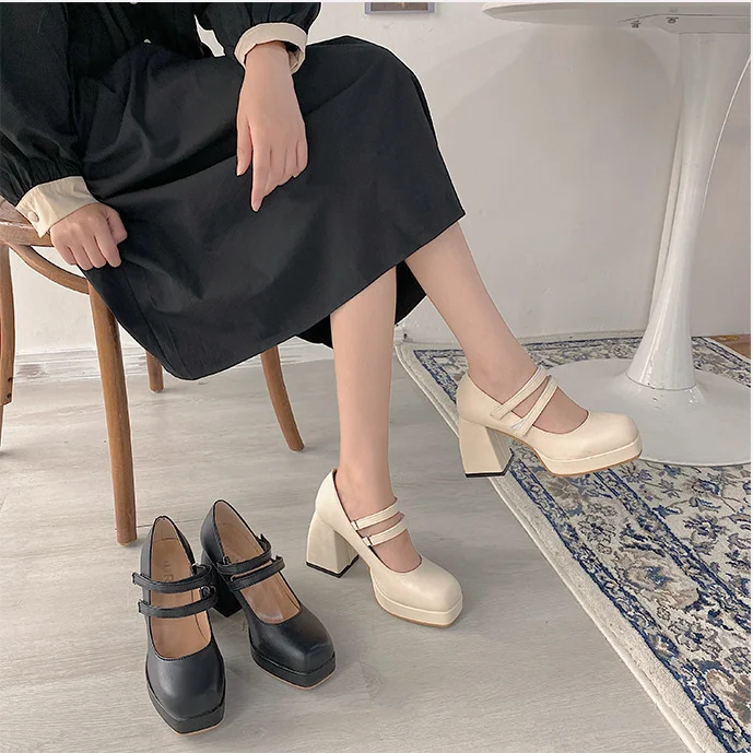

2021 Design Fashion Mary Jane Elegant Women Single Shoes Platform Strap Party Pumps Thick High Heels 10cm