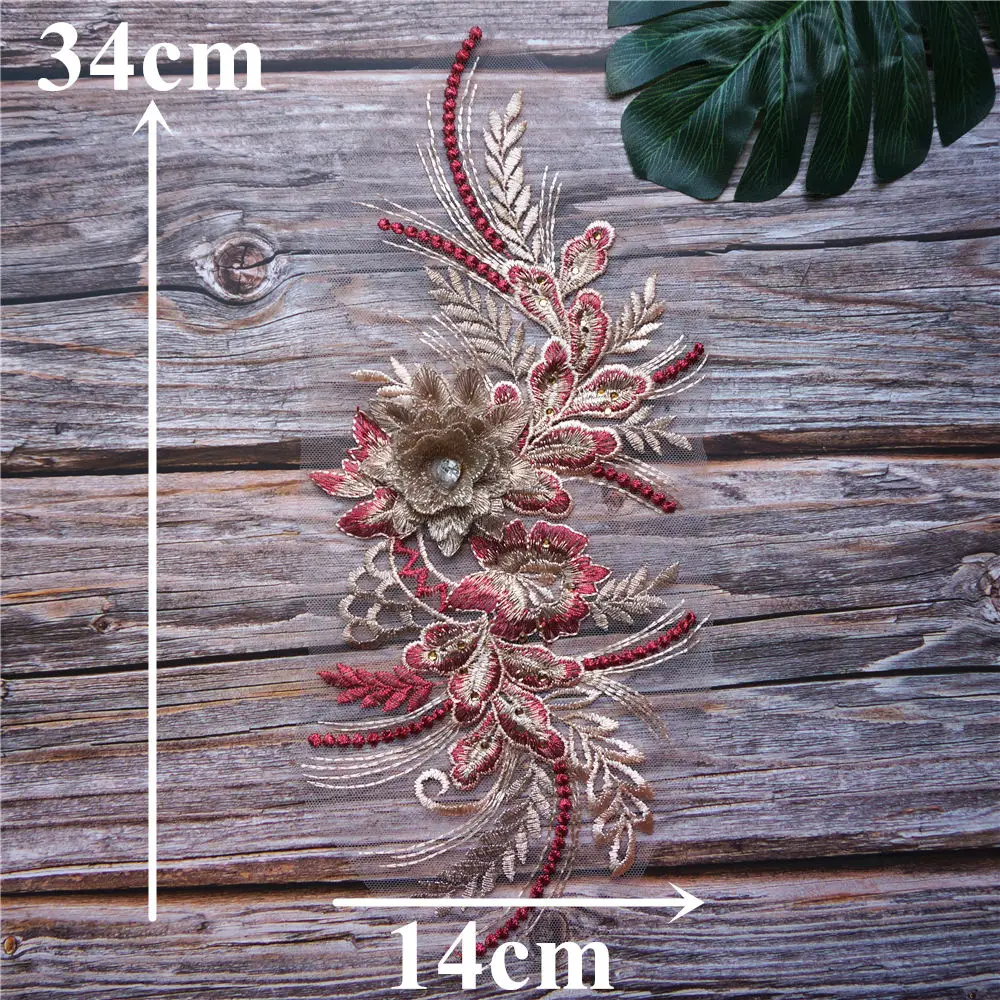 Черная красная вышитая кружевная ткань 3D цветок кисточка стразы аппликации для