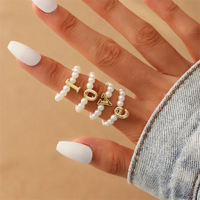 

4-Piece Set Of New Creative English Alphabet Design LOVE Imitation Pearl Beaded Ring Simple Trendy Women's Jewelry Best Gift