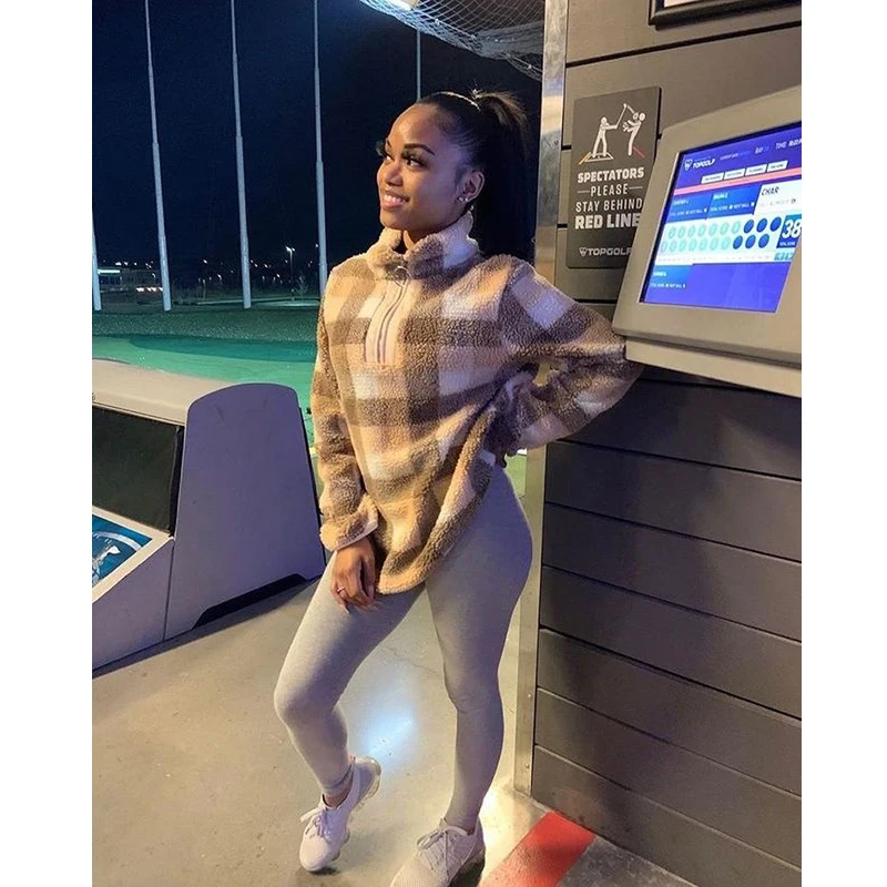 

2021 Autumn Plush Plaid Women's Top Fashion Long Sleeve High Collar Warm Clothes Pullover Zipper Clothes Plus Size