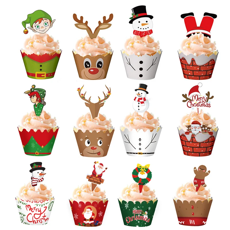

12Pcs Merry Christmas Elk Snowman Santa Claus Cupcake Wrapper Cake Topper with Insert Card Cupcake New Year 2022 Cake Decoration