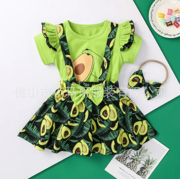 

Girl’s Skirt Three Piece Suit Fresh Avocado Print Short Sleeve T-shirt and Bow Suspender Skirt with Headband