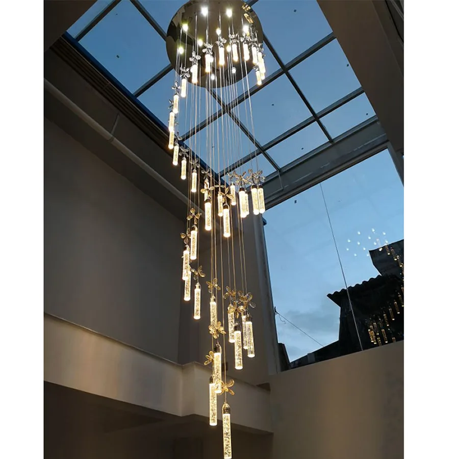 

Luxury Flower Crystal Chandelier Spiral Staircase Chandelier Duplex Floors Ceiling Hanging Lights Sparkling Gold Stair Pendant