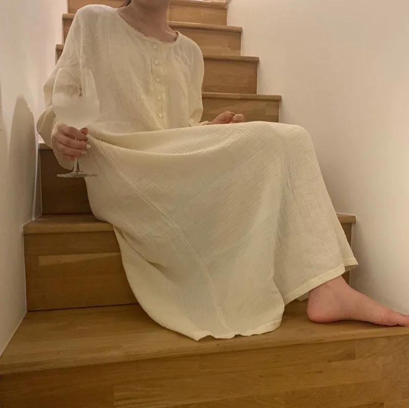 Women's Autumn and Winter New Korean Version of Sweet Girl Lace Loose One-piece Nightdress Home Clothes Sleep Tops Homing Dress