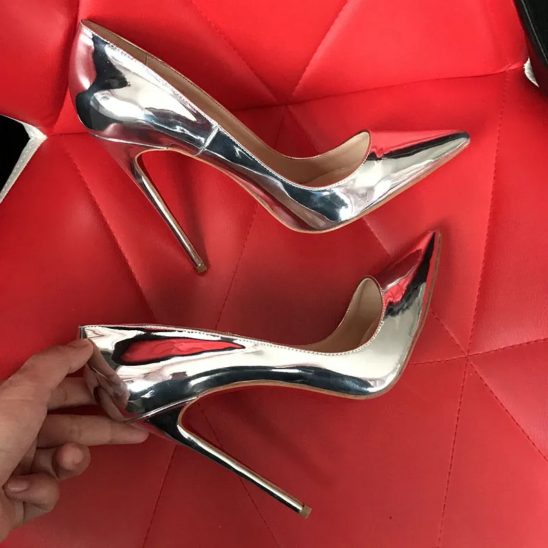 

Red Bottom Pumps Fashion Women's Paty Dress Shoes 12cm Bright Silver Classic High Heeled Stilettos Size 45 Dropshopping Spring