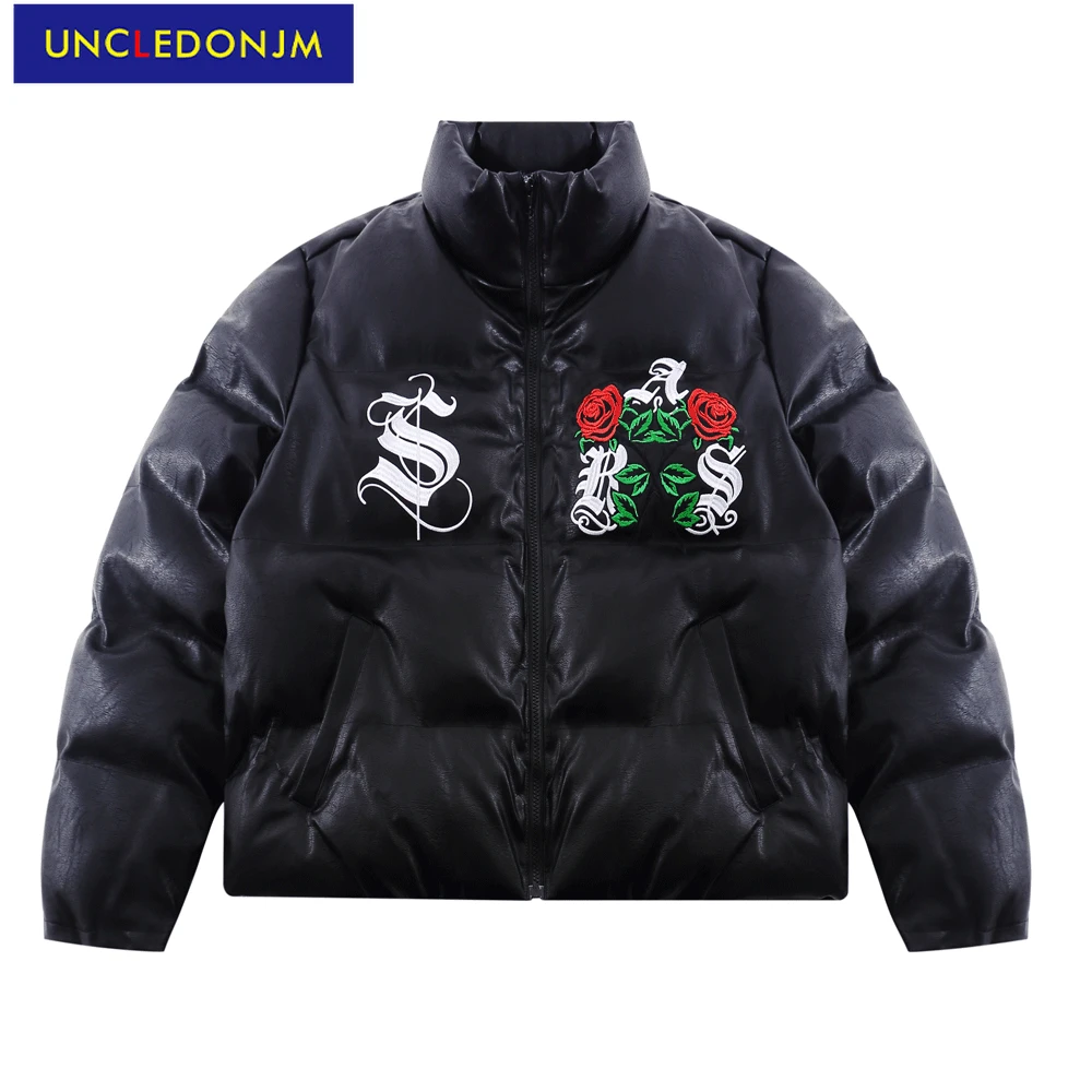 

UNCLEDONJM Rose embroidery PU leather men Jacket high street oversized Jacket coat winter bread jacket parka leather jacket men