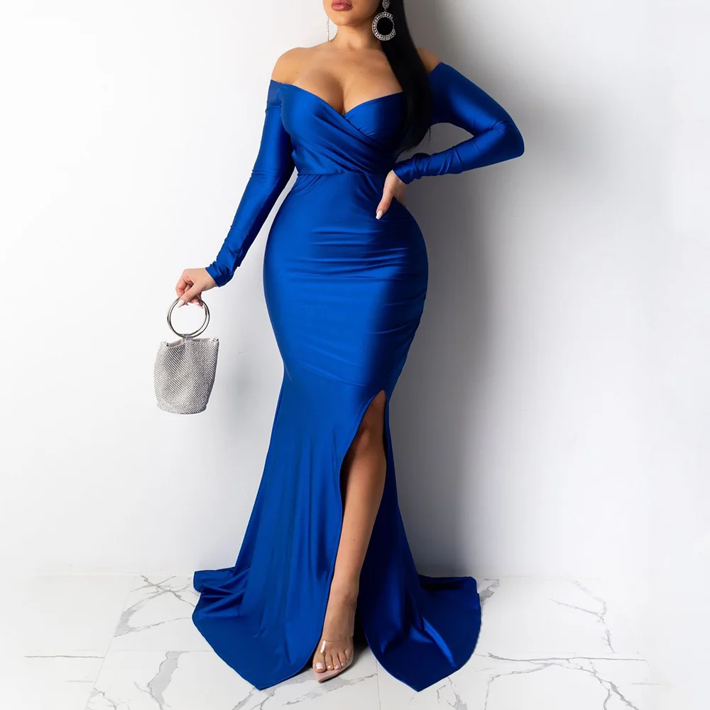 Sexy Nightclub Green Evening Dress Solid Color High Slit Long Female Dresses Autumn Winter Elegant Mermaid Party | Свадьбы и