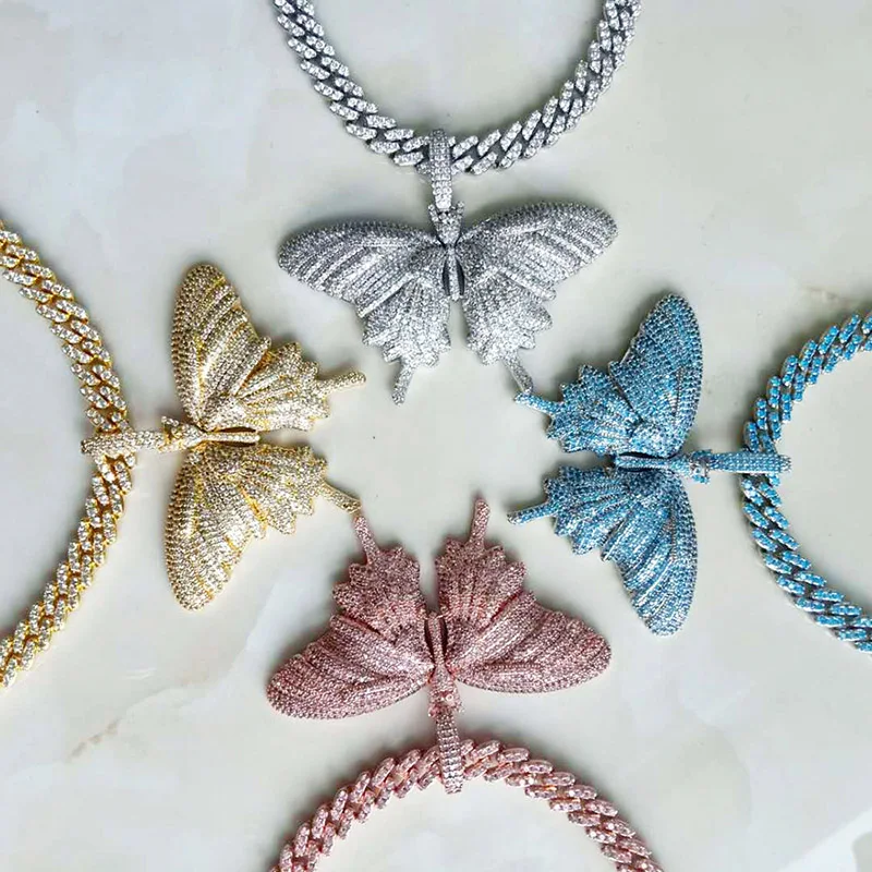 

Hip Hop Prong Setting Cubic Zirconia Bling Ice Out Cuban Link Chain Big Butterflys Pendants Necklaces Women Charm Jewelry