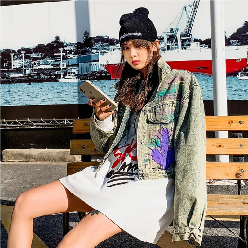 Женская джинсовая куртка Ropa Fashion Harajuku с принтом граффити уличная одежда