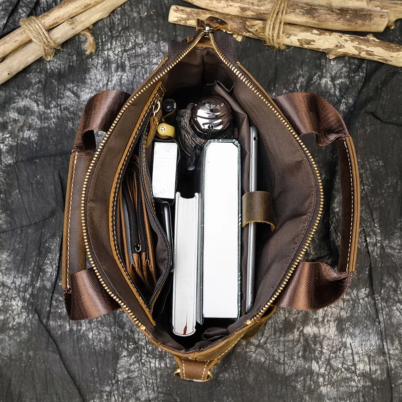 Мужская винтажная деловая сумка из натуральной кожи А4 через плечо коричневая