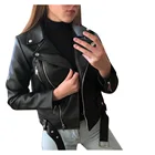Женская байкерская куртка на молнии, Черная байкерская куртка из искусственной кожи с отложным воротником и поясом, весна-осень 2021