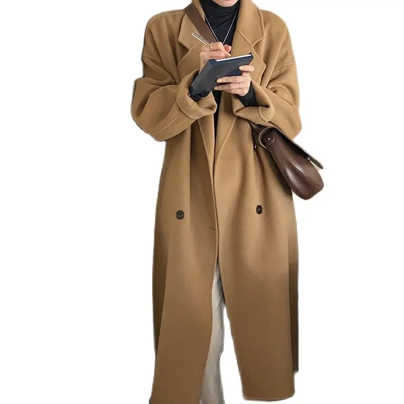 Женское длинное кашемировое пальто стильное шерстяное верблюжьего цвета с