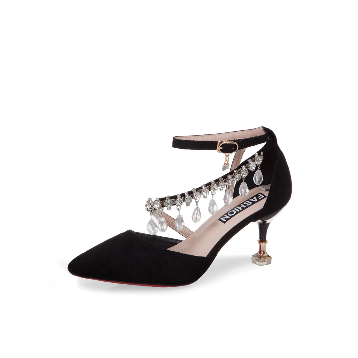 

Shallow Mouth Student Black/red Mid Heel Pumps Word Buckle Rhinestone New Fashion 2021 Spring and Summer Ladies Single Shoesa349