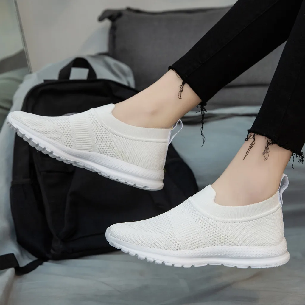 Женские кроссовки сетчатые вязаные ботинки для бега на плоской подошве легкие