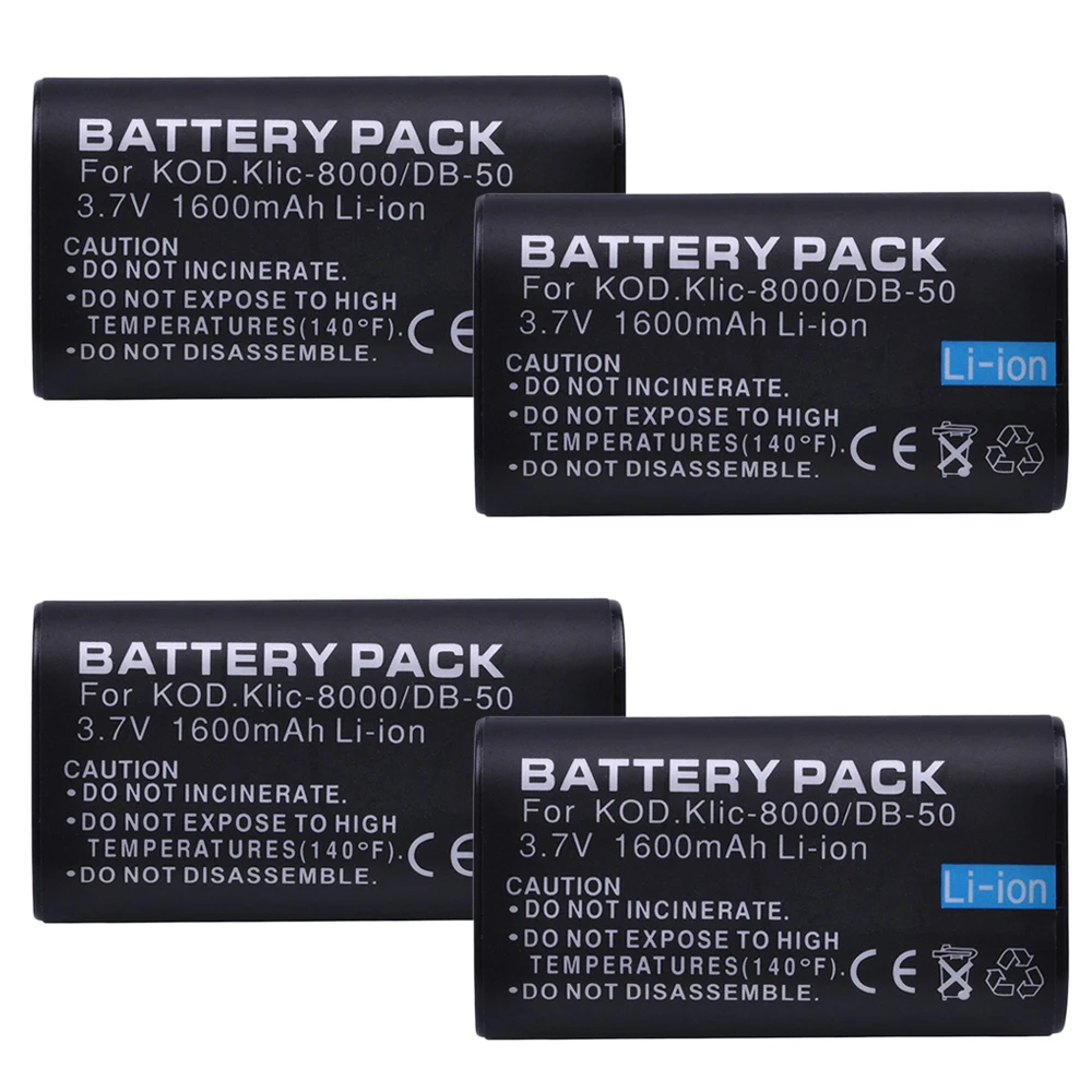 4Pcs 1600mAh Klic-8000 DB-50 Klic 8000 DB50 Battery for Kodak Zx1 ZxD Z612 Z712 Z812 Z1085 Z1015 Z1012 Z1485 Z8612 Zx1 R1 R1S