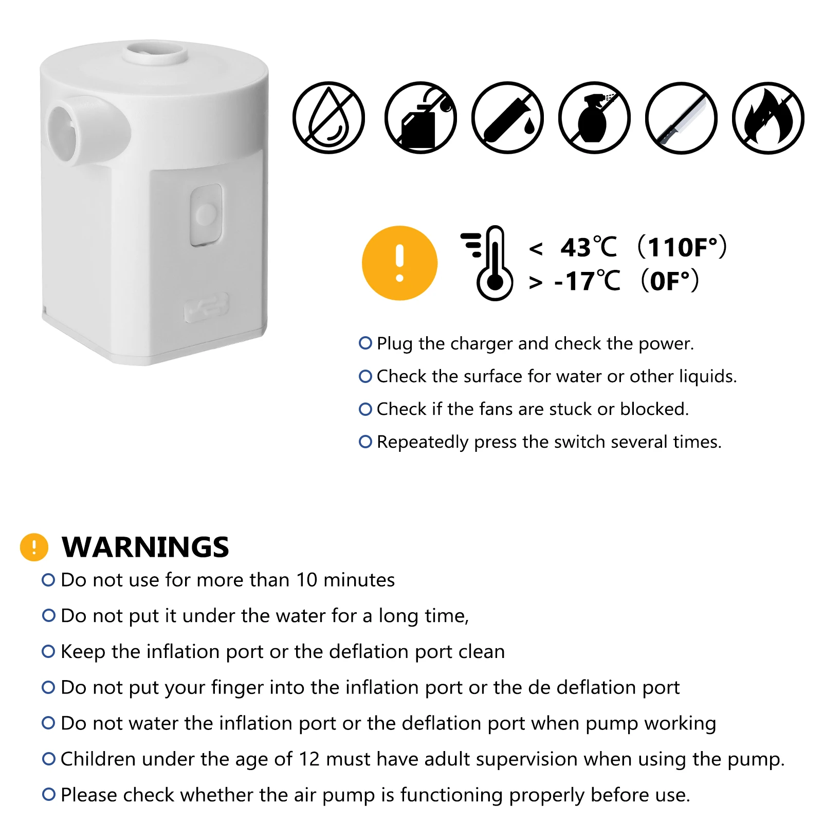 

HS-206A Protable USB Recharging White Air Pump Small Size Home Household Mini Air Pump Four Nozzles