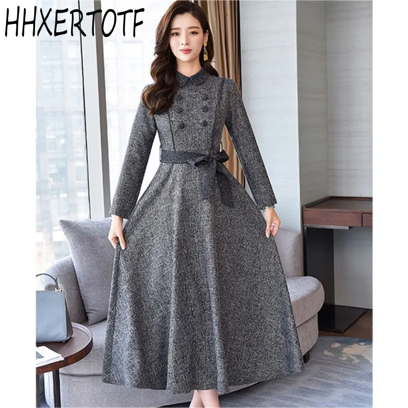 Осень зима 2019 двубортное женское платье с широкой юбкой длинное длинным рукавом