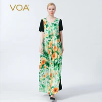 voa silk 40mm double sided qiao rizhao tea green round collar pullover short sleeve printed jacquard prom dresses 2021 ae988