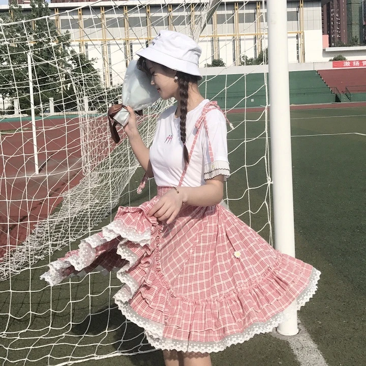 Kawaii Лолита юбка японский стиль 90 подростков мягкая Сестра Дейзи аппликации кружева лоскутное рюшами Сарафан в клетку юбки